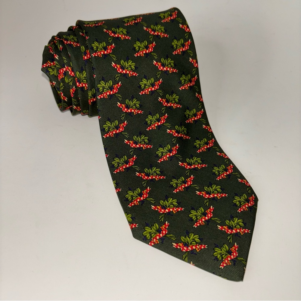 Vintage Brooks Brothers Silk Men's Tie Floral Green Blue Flowers Red Ribbon USA - Picture 1 of 9